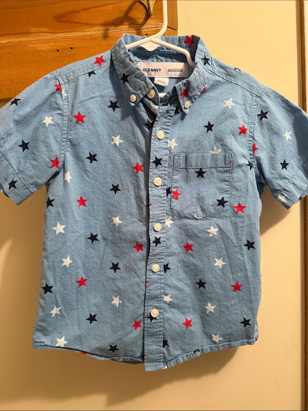 Old Navy Light Blue Short-Sleeve Button-Down Shirt with Red, White & Blue Stars